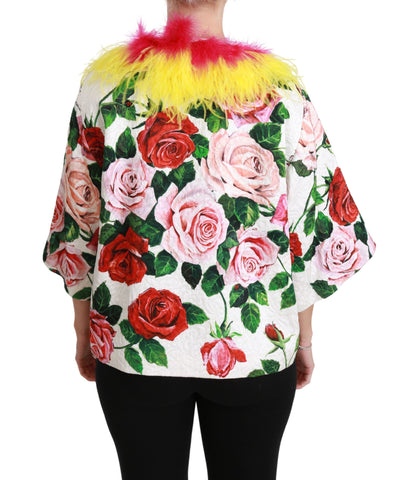 White floral coat with fur roses from Dolce & Gabbana, featuring a stylish, elegant design and intricate floral detailing.