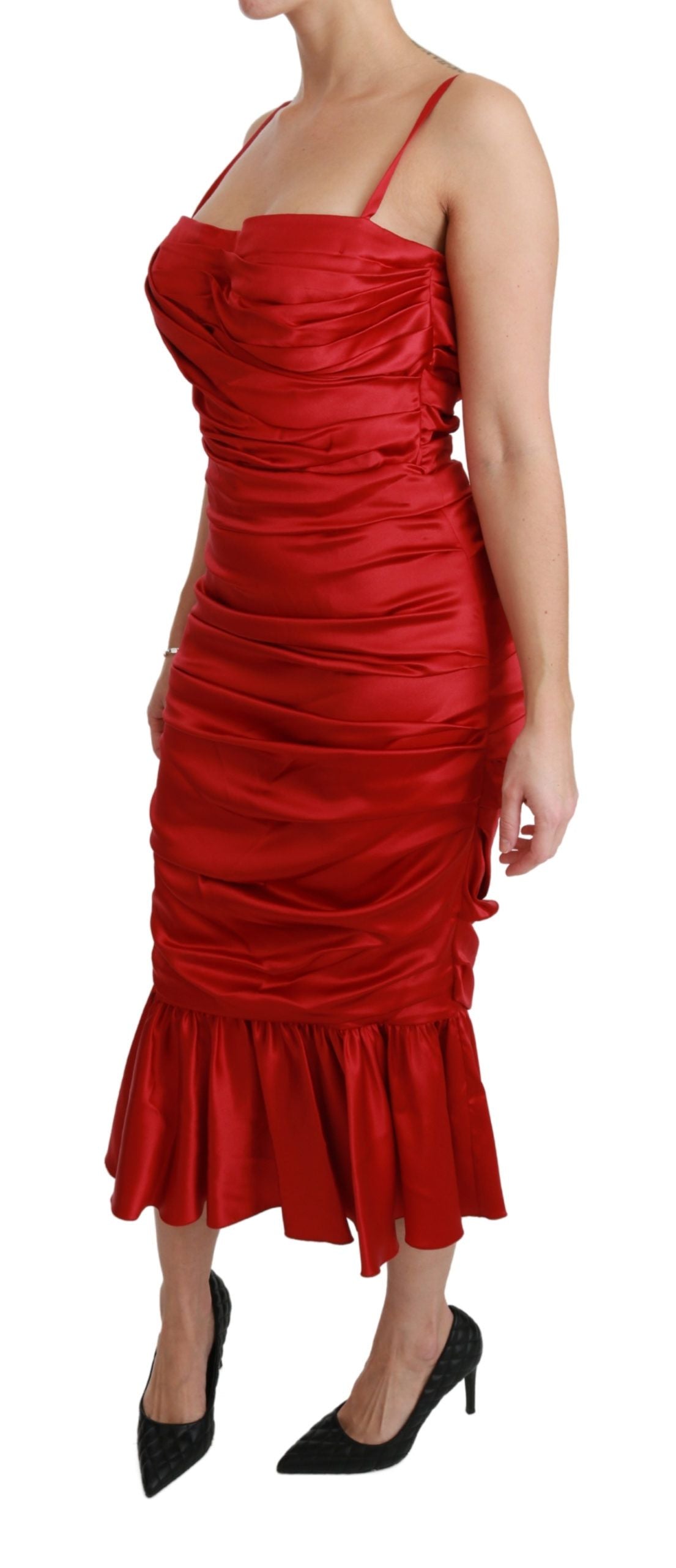 Red silk stretch mermaid bodycon dress by Dolce & Gabbana, shown on a model featuring fitted silhouette and elegant design.