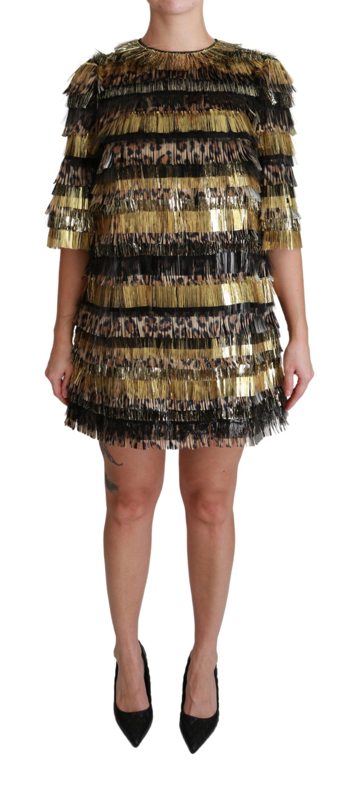 Black polyester mini dress with gold leopard print by Dolce & Gabbana, featuring a shift silhouette and stylish design.