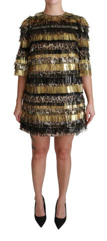 Black polyester mini dress with gold leopard print by Dolce & Gabbana, featuring a shift silhouette and stylish design.