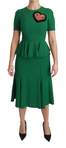 Green heart patch mermaid midi dress by Dolce & Gabbana featuring viscose fabric and a fitted silhouette.