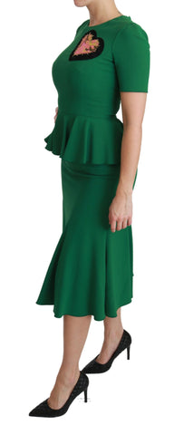 Green heart patch mermaid midi dress by Dolce & Gabbana, featuring a fitted silhouette and viscose fabric with decorative patch details.