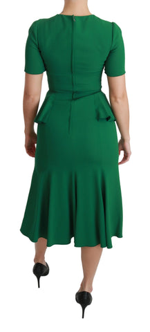 Green Heart Patch Mermaid Midi Dress by Dolce & Gabbana, featuring a fitted silhouette with heart-shaped patch details and flowing viscose fabric.
