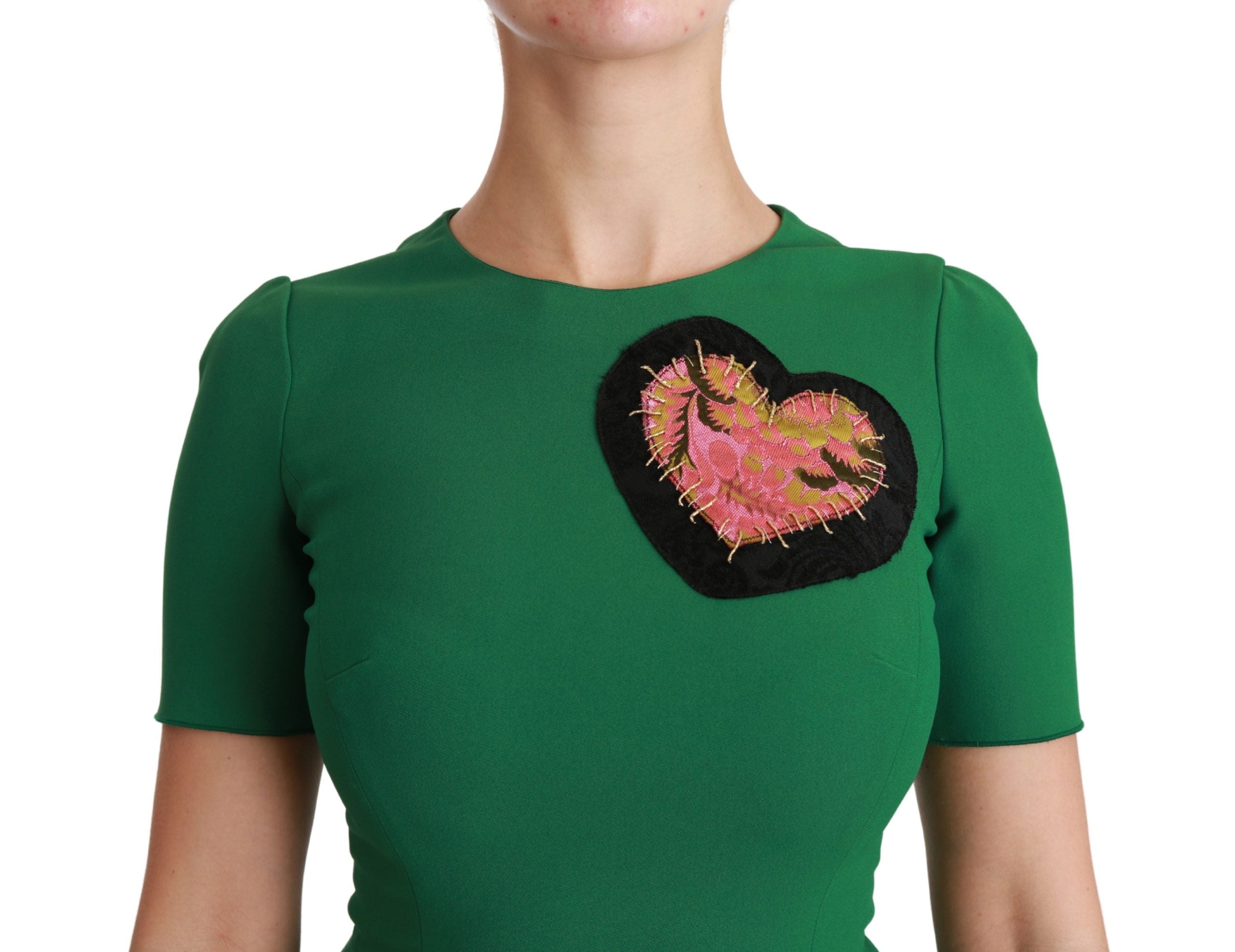Green heart patch mermaid midi dress by Dolce & Gabbana, featuring a fitted silhouette and Viscose fabric with decorative heart patches.