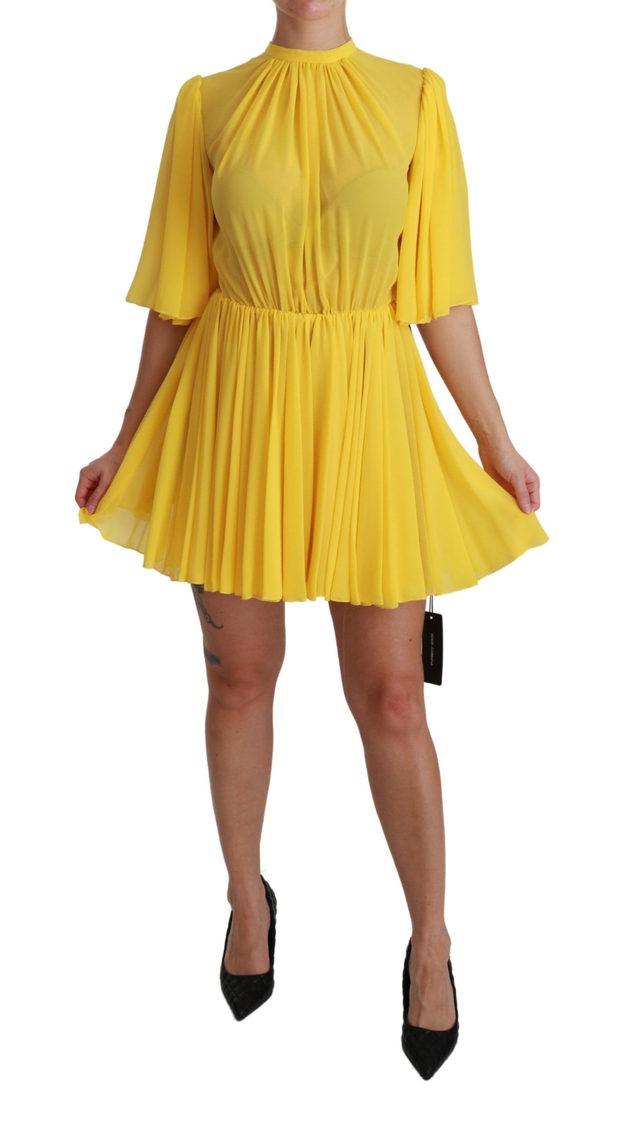 Yellow silk A-line mini dress with pleated design from Dolce & Gabbana, showcasing a stylish and elegant look.