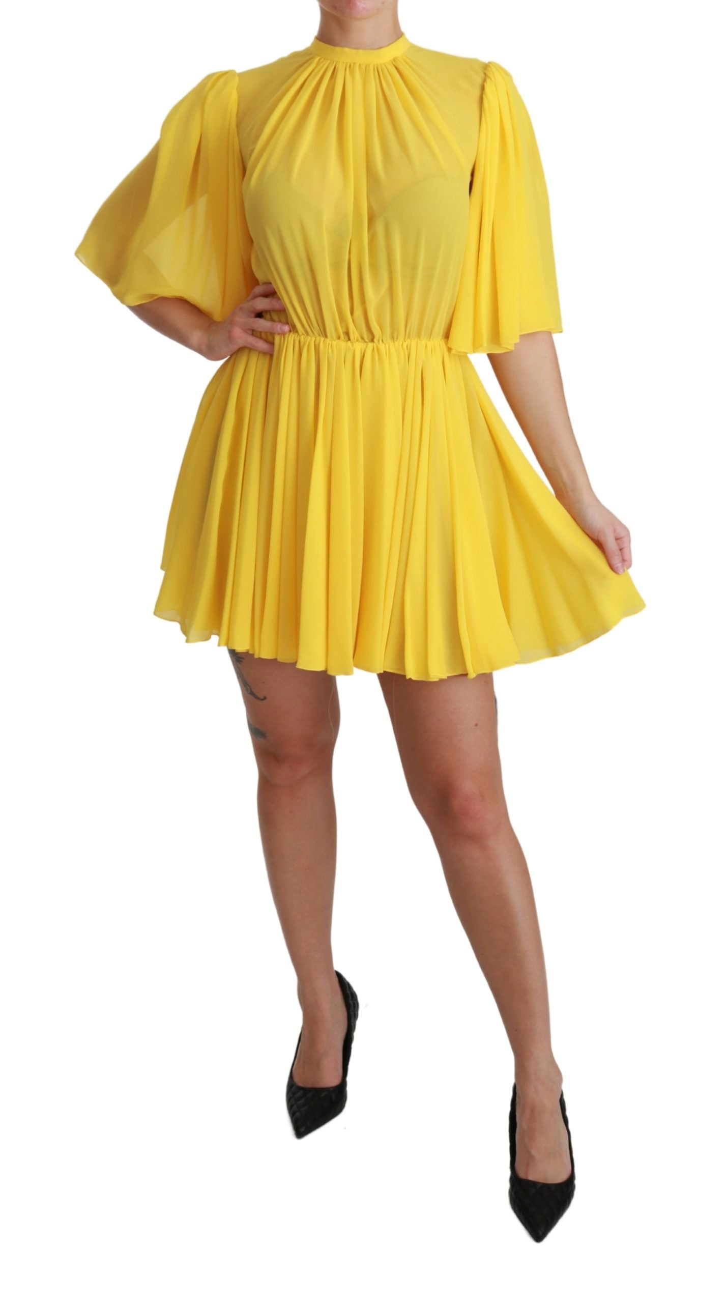 Yellow silk A-line mini dress with pleated design from Dolce & Gabbana, showcasing a stylish and elegant look.