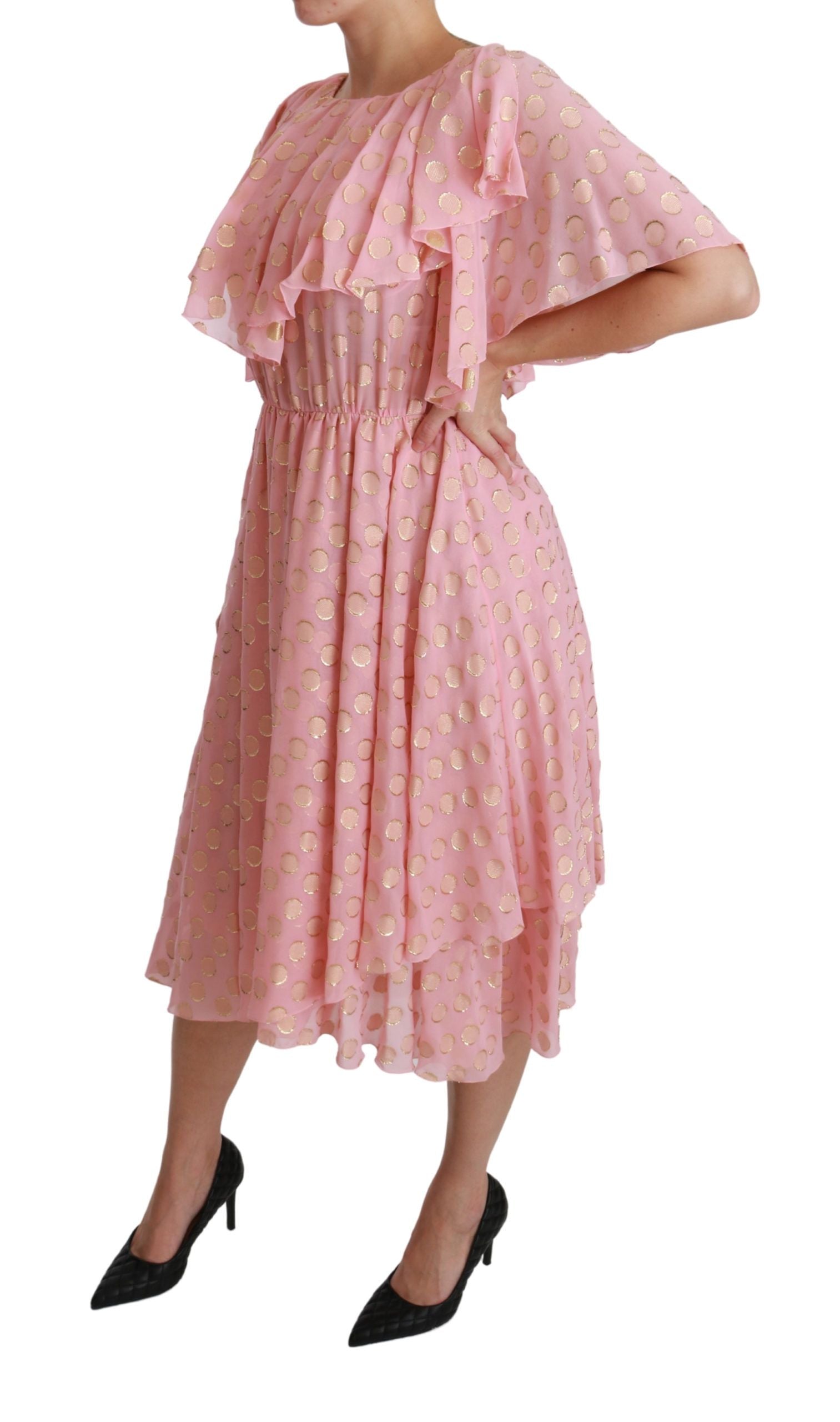 Pink silk pleated A-line midi dress with polka dots by Dolce & Gabbana, showcasing elegant fabric and classic design details.