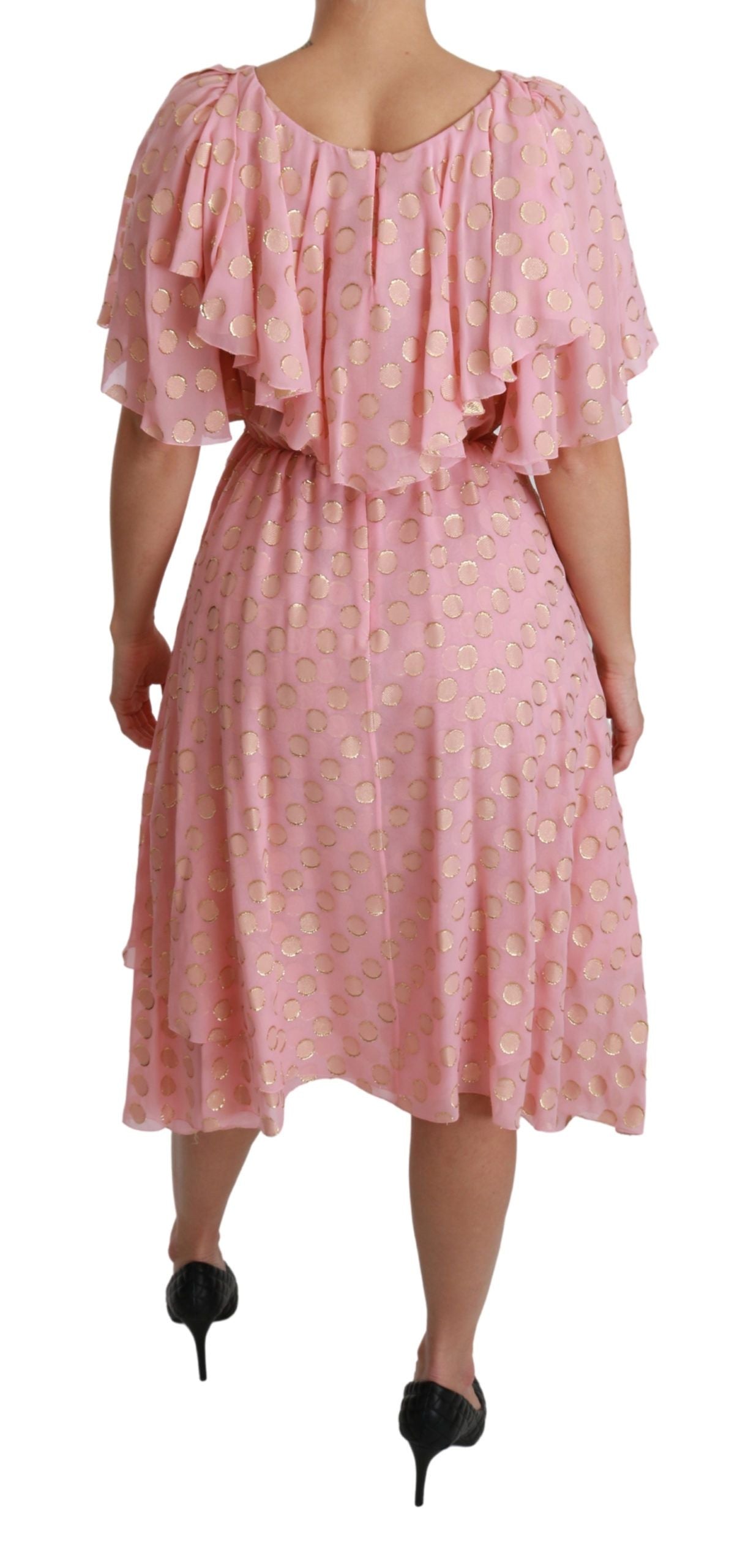Pink silk polka dot pleated A-line midi dress by Dolce & Gabbana, featuring a flowy silhouette and stylish design.