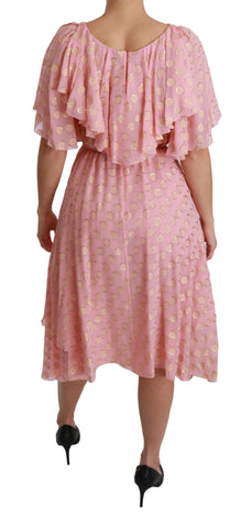 Pink silk polka dot pleated A-line midi dress by Dolce & Gabbana, featuring a flowy silhouette and stylish design.