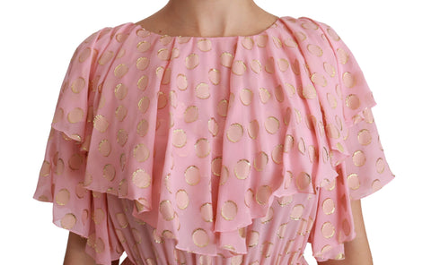Pink silk polka dot pleated A-line midi dress by Dolce & Gabbana, showcasing a flowy, elegant design with a fitted waist and midi length.