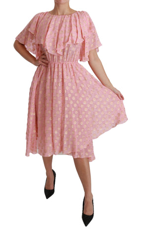 Pink silk A-line midi dress with polka dots and pleated design by Dolce & Gabbana, stylish and elegant for special occasions.