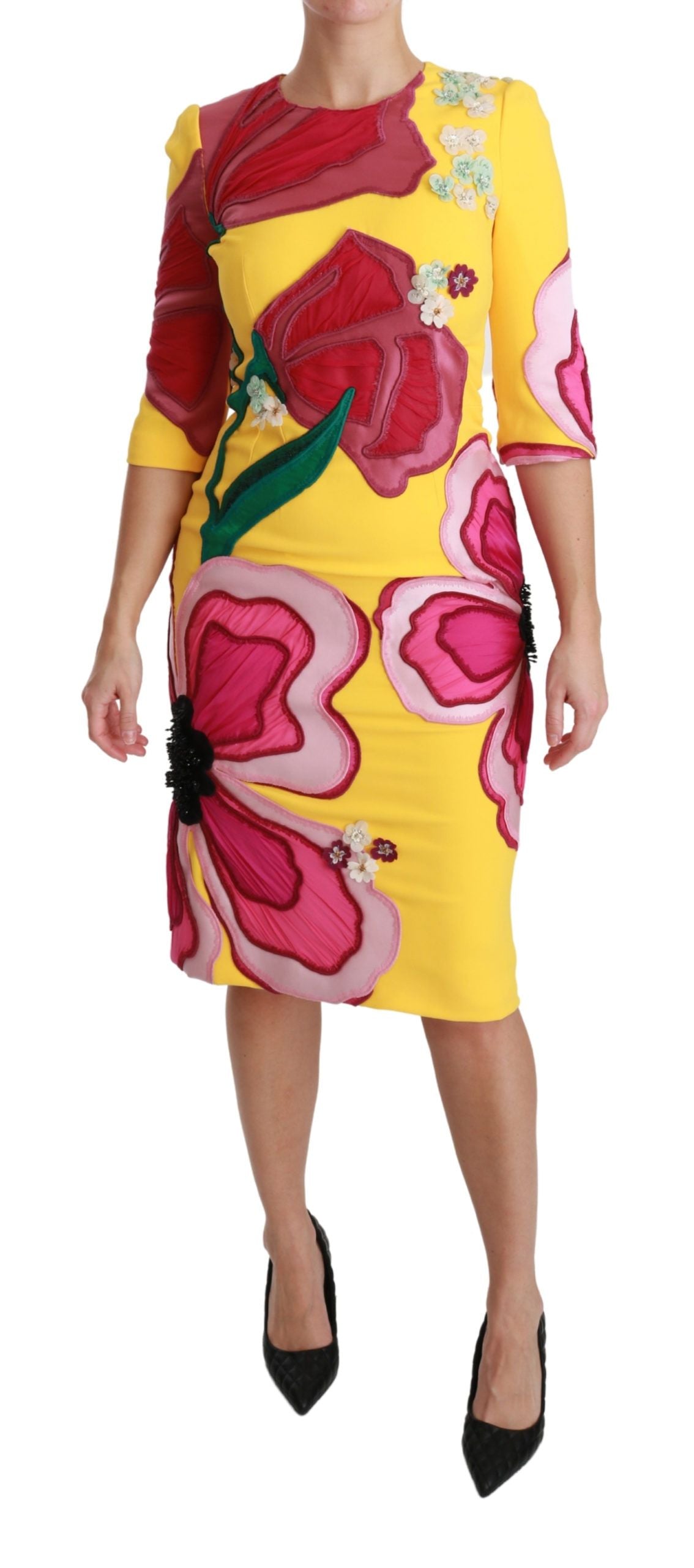 Yellow floral crystal embellishment bodycon sheath dress by Dolce & Gabbana, featuring a fitted silhouette and vibrant floral details.