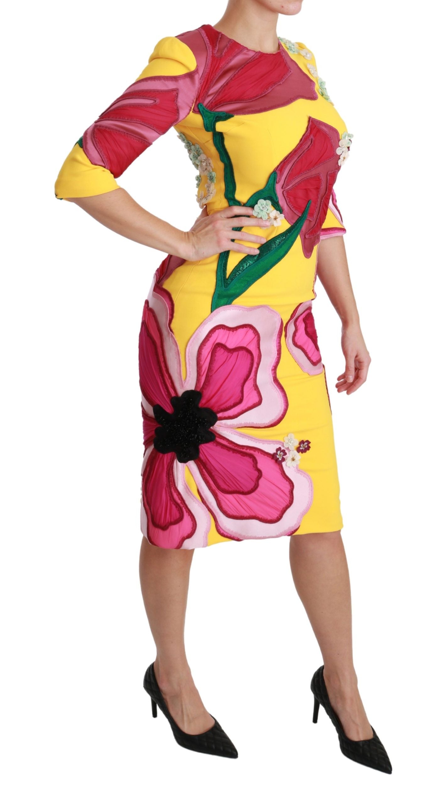 Yellow floral crystal embellishments Dolce & Gabbana bodycon sheath dress, form-fitting with vibrant floral pattern and elegant design.
