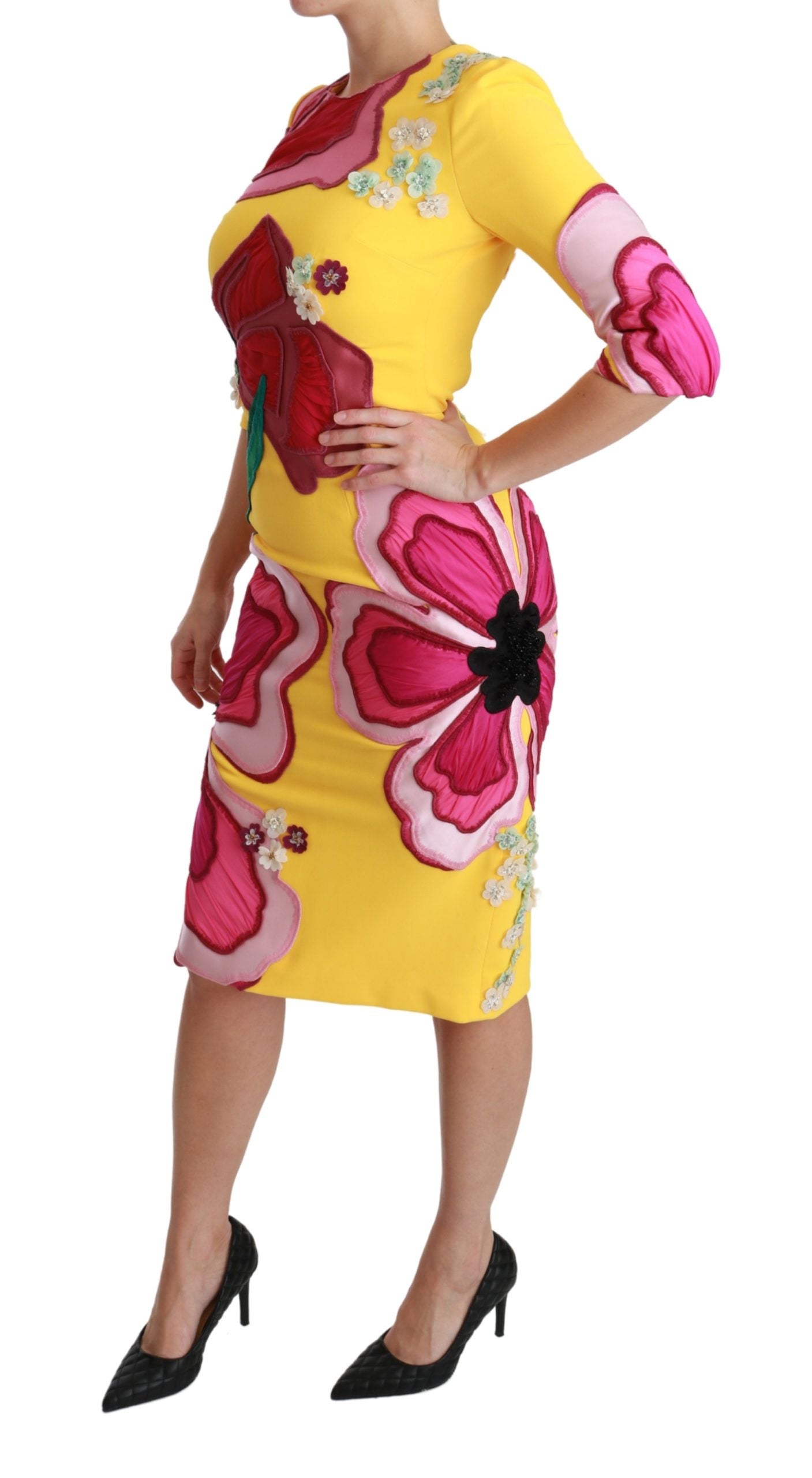 Yellow floral crystal bodycon sheath dress by Dolce & Gabbana, featuring a fitted silhouette and vibrant floral pattern.
