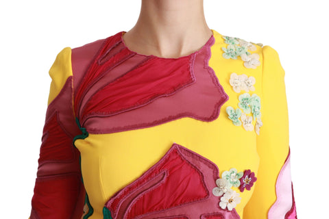 Yellow floral crystal bodycon sheath dress by Dolce & Gabbana, featuring a fitted silhouette with floral embroidery and crystal embellishments.