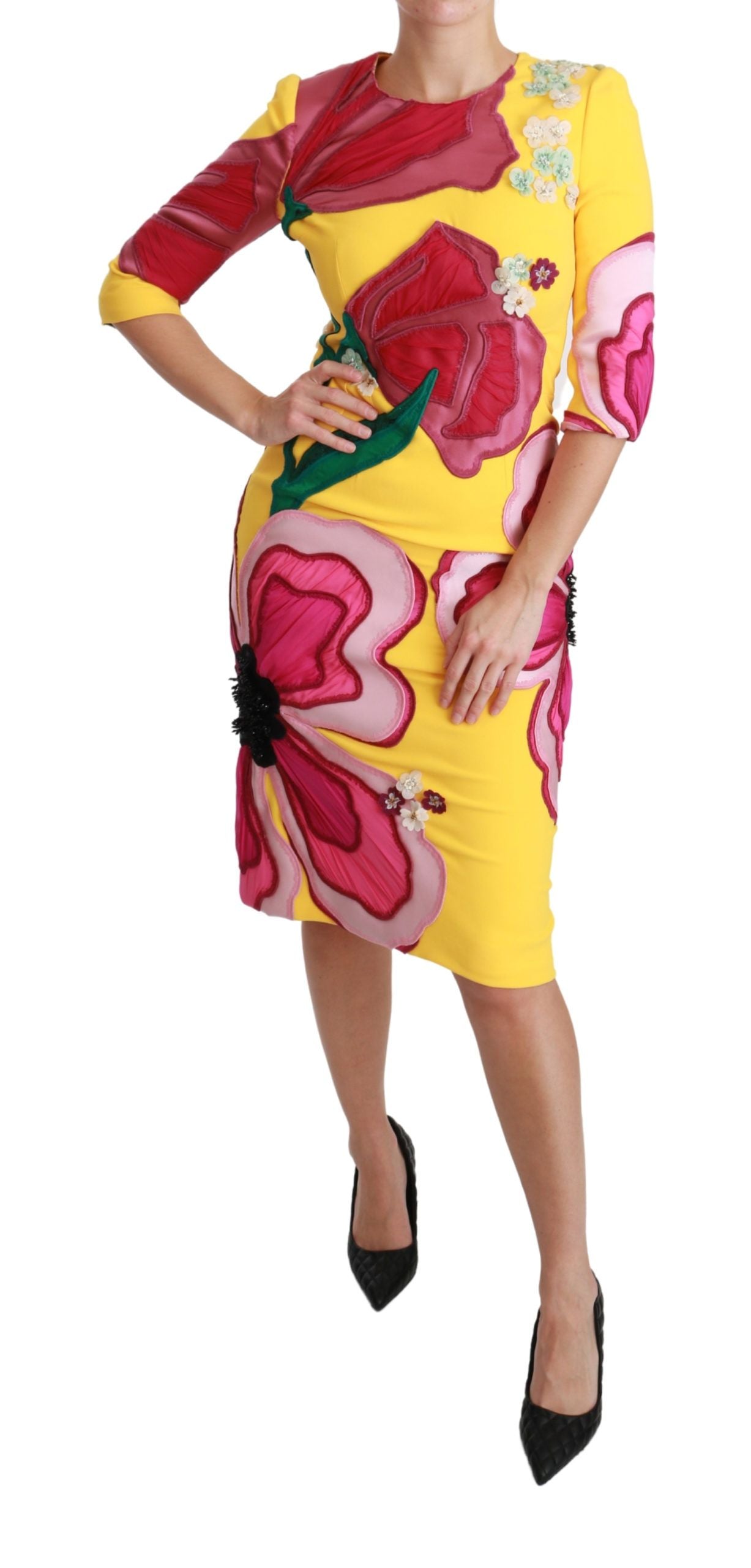 Yellow floral crystal bodycon sheath dress by Dolce & Gabbana, featuring vibrant floral patterns and sparkling crystal embellishments.