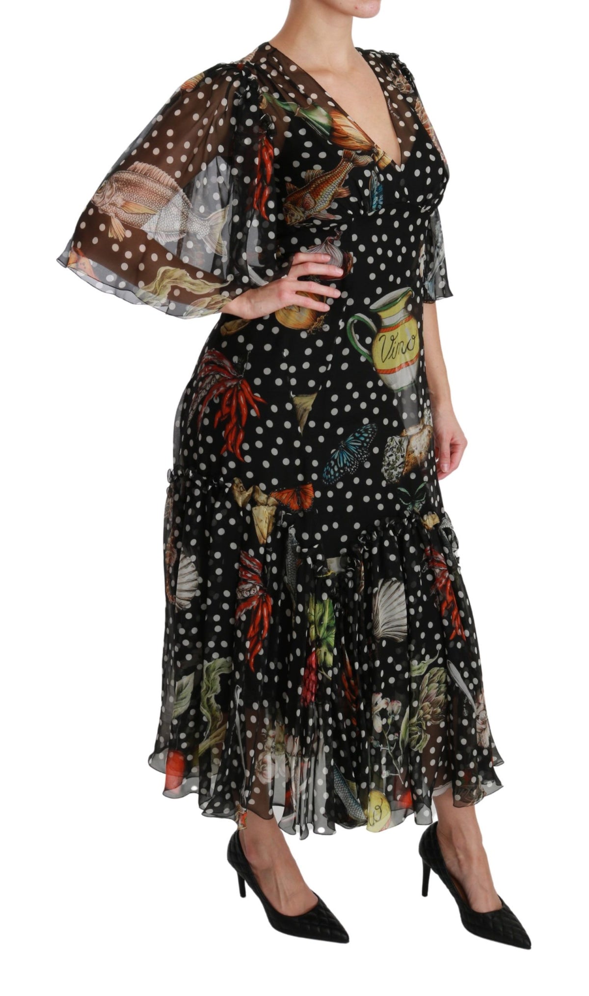Black Sea Fish Sicily A-line shift dress by Dolce & Gabbana, featuring a sleek black fabric with fish pattern details.