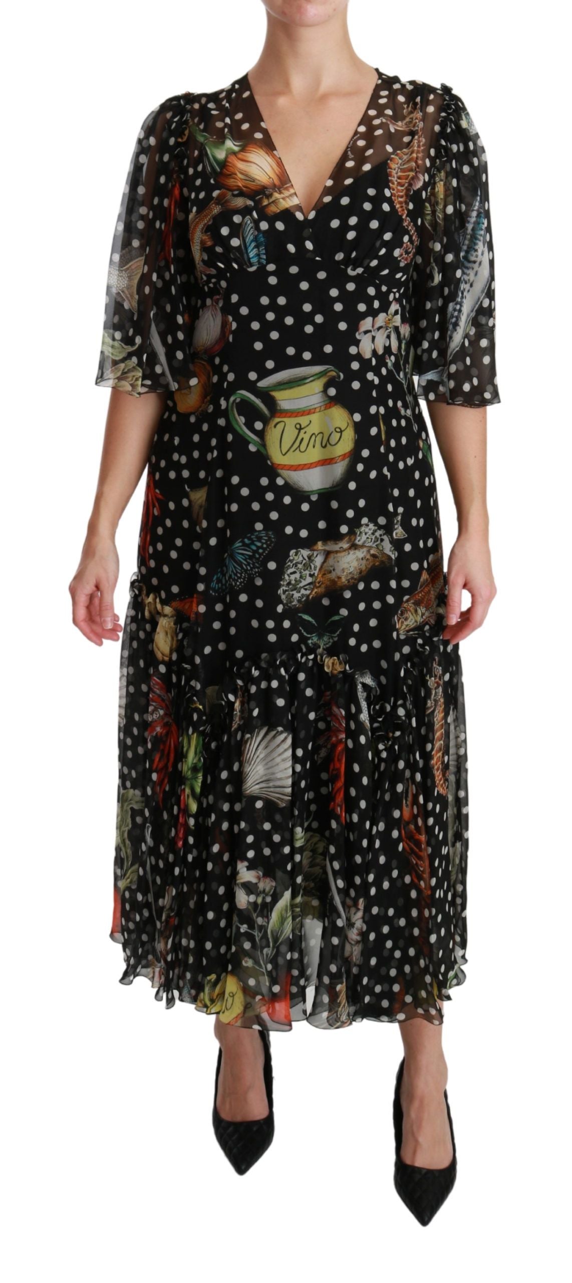 Black Sea Fish Sicily A-line shift dress by Dolce & Gabbana featuring a black fabric with sea-inspired fish print.