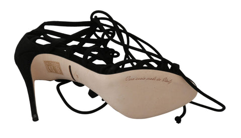 Black suede strap stiletto sandals by Dolce & Gabbana featuring high heels and elegant design.