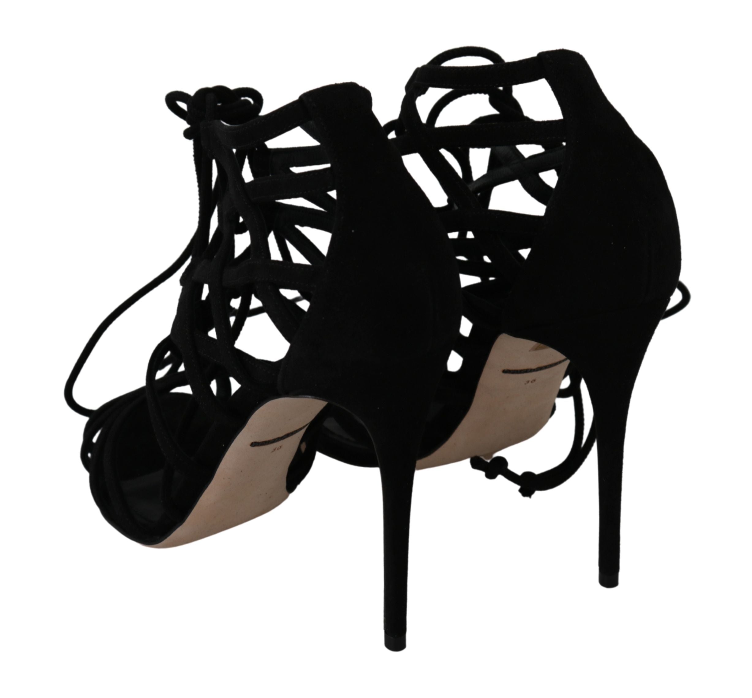 Black suede strap stilettos sandals by Dolce & Gabbana with high heels and sleek design, perfect for elegant occasions.