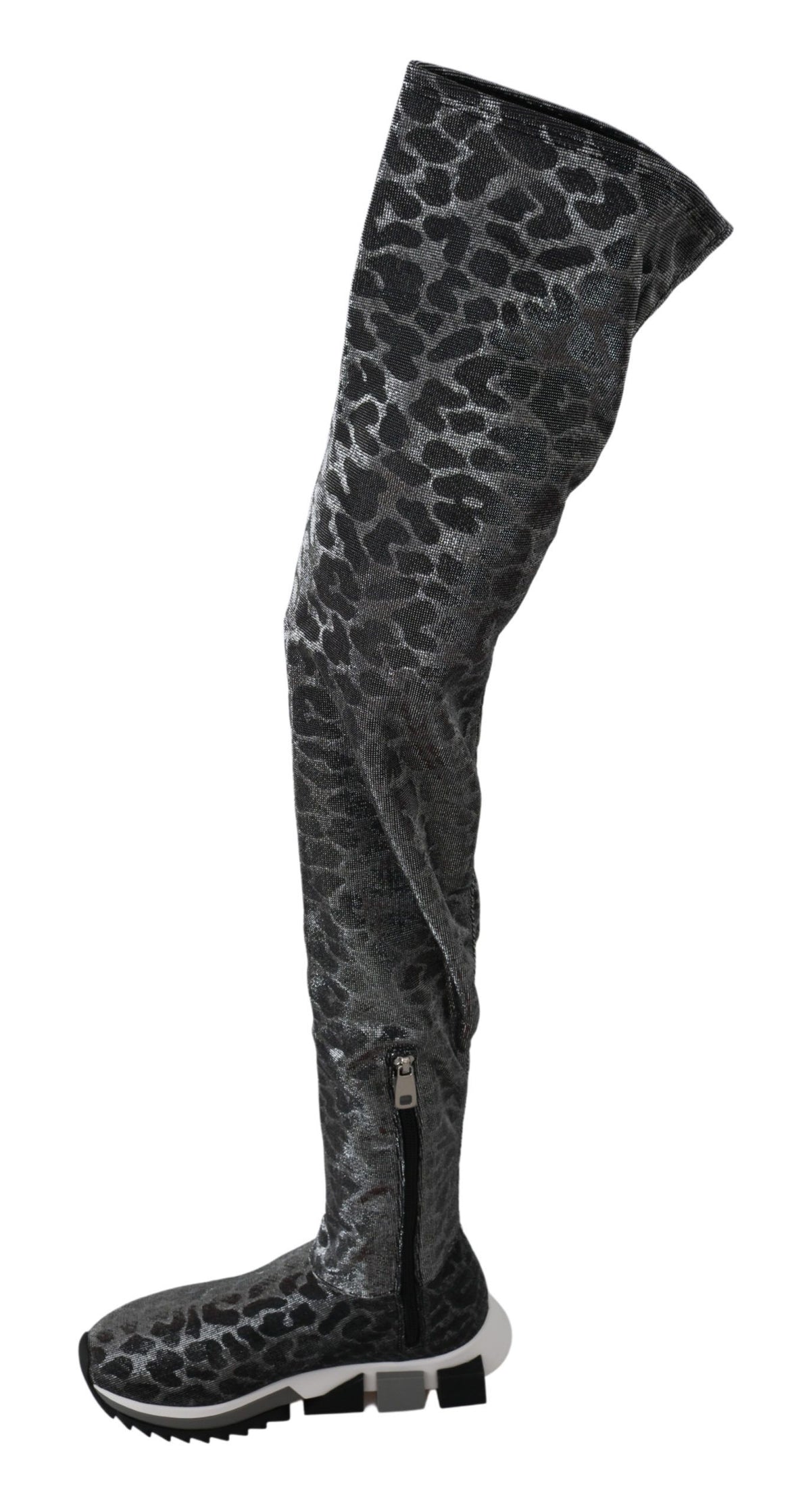 Gray Dolce & Gabbana leopard high-top sneakers with black laces and stylish design, perfect for casual or trendy outfits.