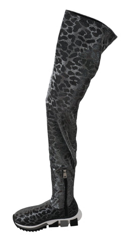 Gray Dolce & Gabbana leopard high-top sneakers with black laces and stylish design, perfect for casual or trendy outfits.