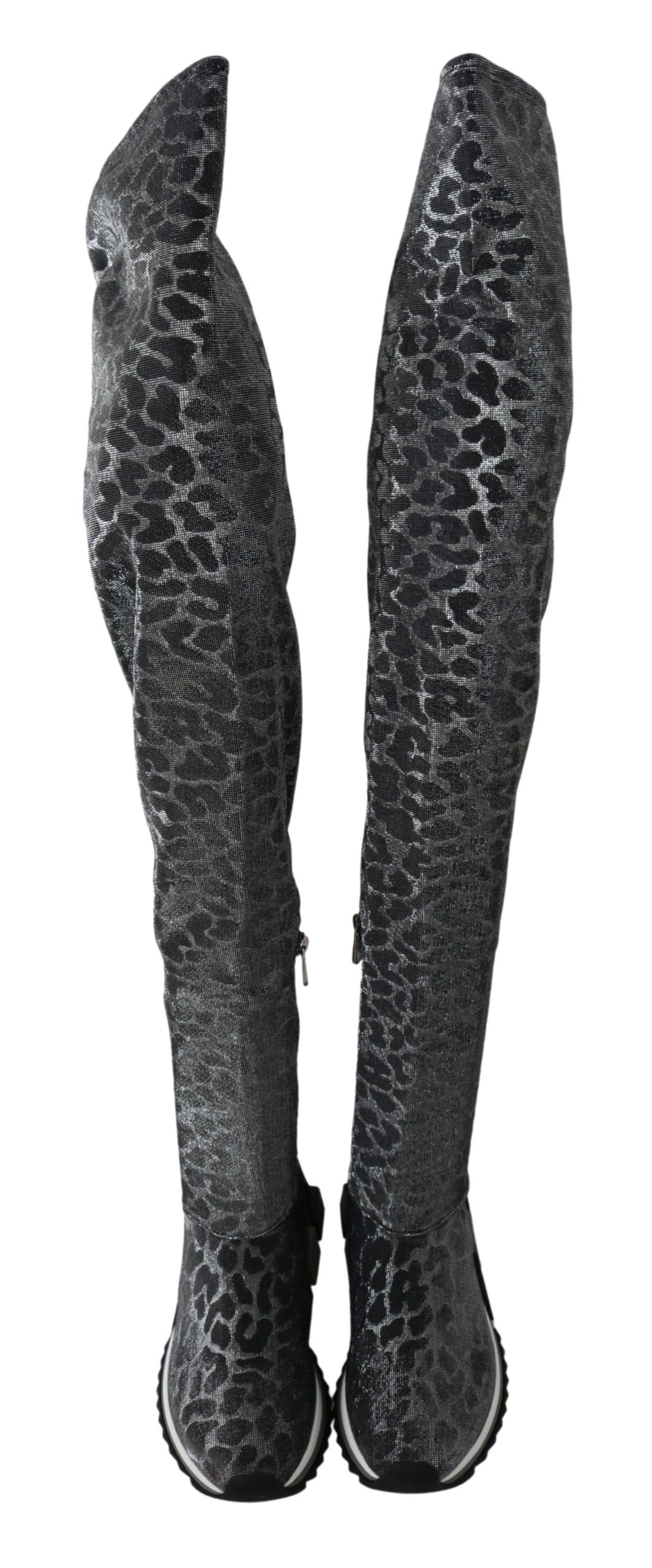 Gray leopard high top sneakers by Dolce & Gabbana with lace-up design and stylish bootie style, featuring bold leopard print.