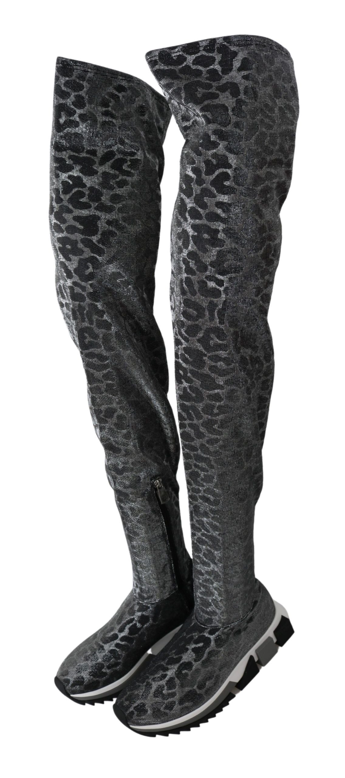 Gray leopard-print high top sneakers by Dolce & Gabbana, stylish booties with lace-up design and chunky sole.