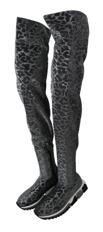 Gray leopard-print high top sneakers by Dolce & Gabbana, stylish booties with lace-up design and chunky sole.