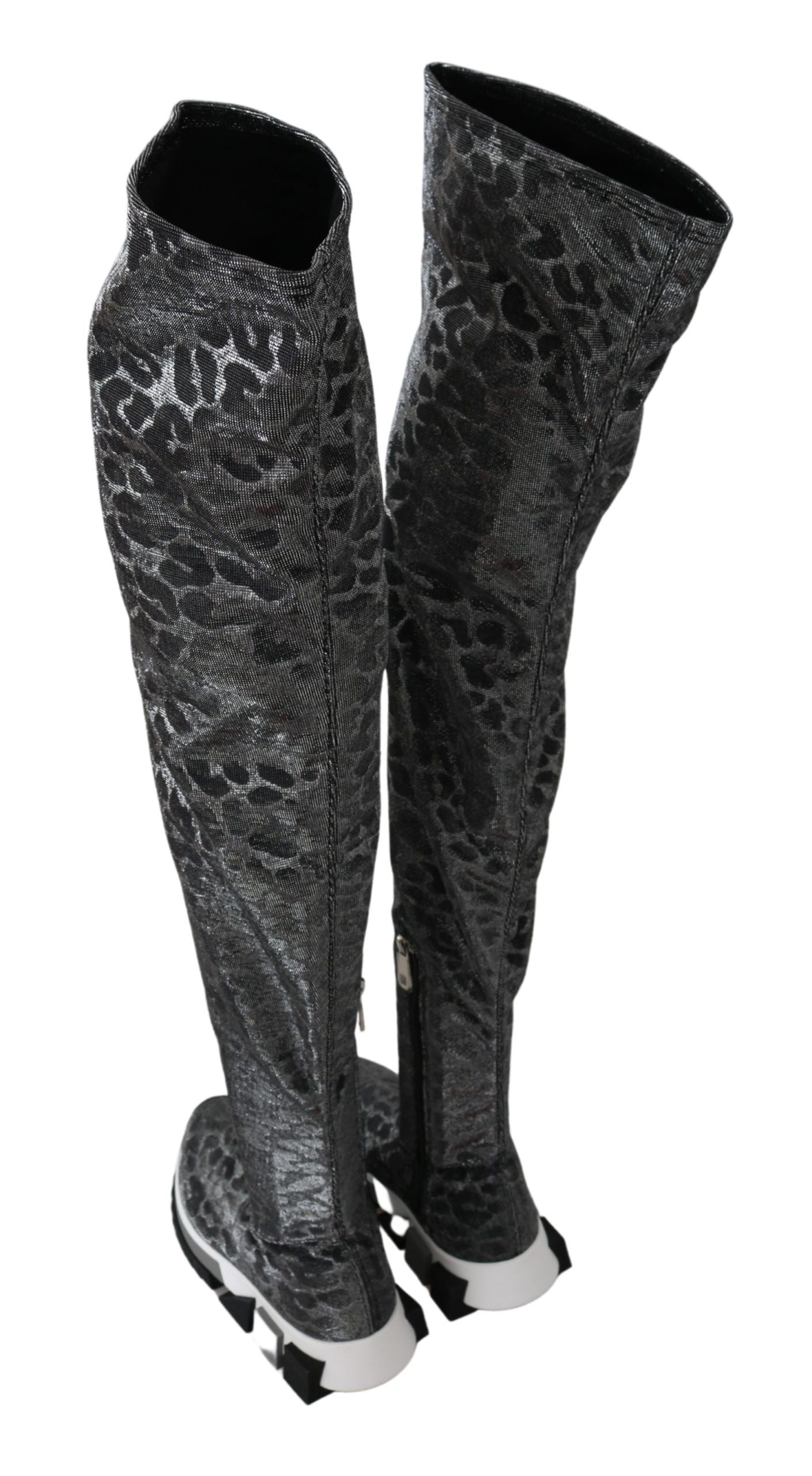 Gray leopard high top sneakers by Dolce & Gabbana with stylish bootie design and lace-up front.