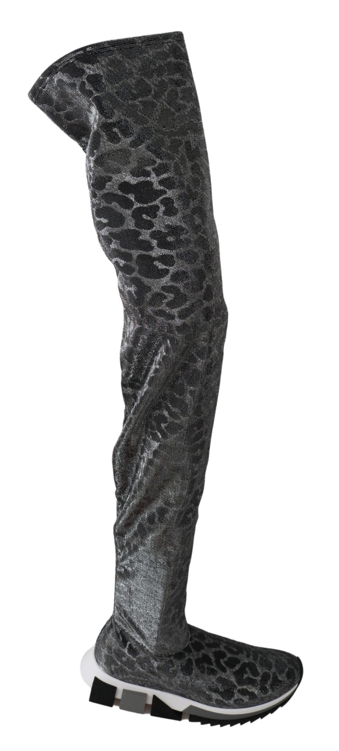 Gray leopard high top sneakers by Dolce & Gabbana, showcasing stylish ankle boots with animal print and chunky soles.