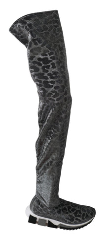 Gray leopard high top sneakers by Dolce & Gabbana, showcasing stylish ankle boots with animal print and chunky soles.