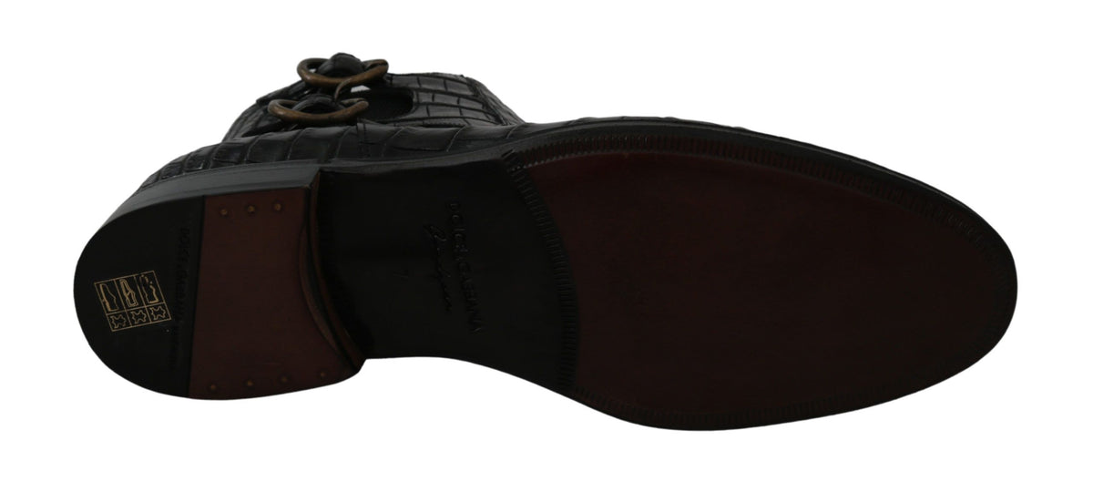 Black crocodile leather Derby boots by Dolce & Gabbana, featuring a sleek design and polished finish.