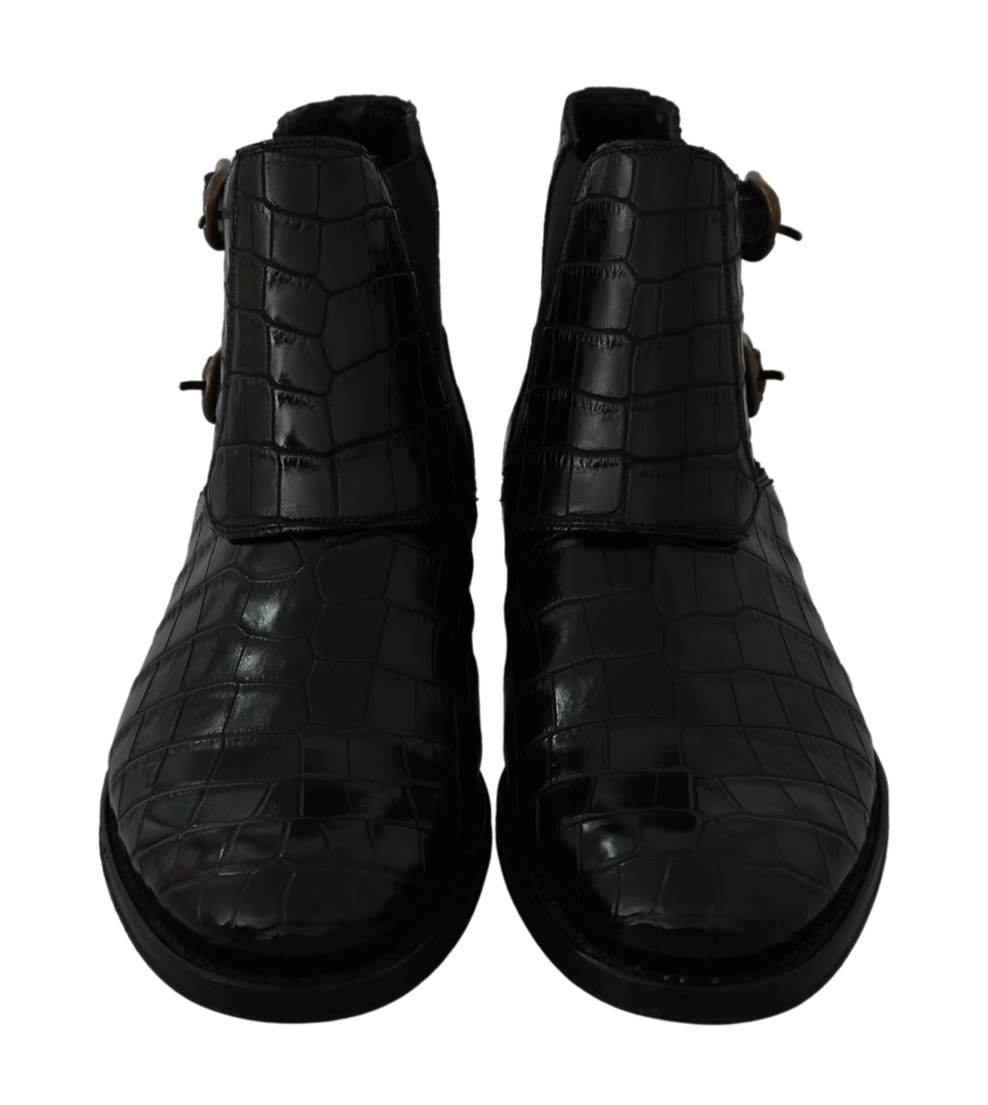 Black crocodile leather Derby boots by Dolce & Gabbana with sleek design and textured finish, stylish men's footwear.