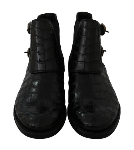 Black crocodile leather Derby boots by Dolce & Gabbana with sleek design and textured finish, stylish men's footwear.