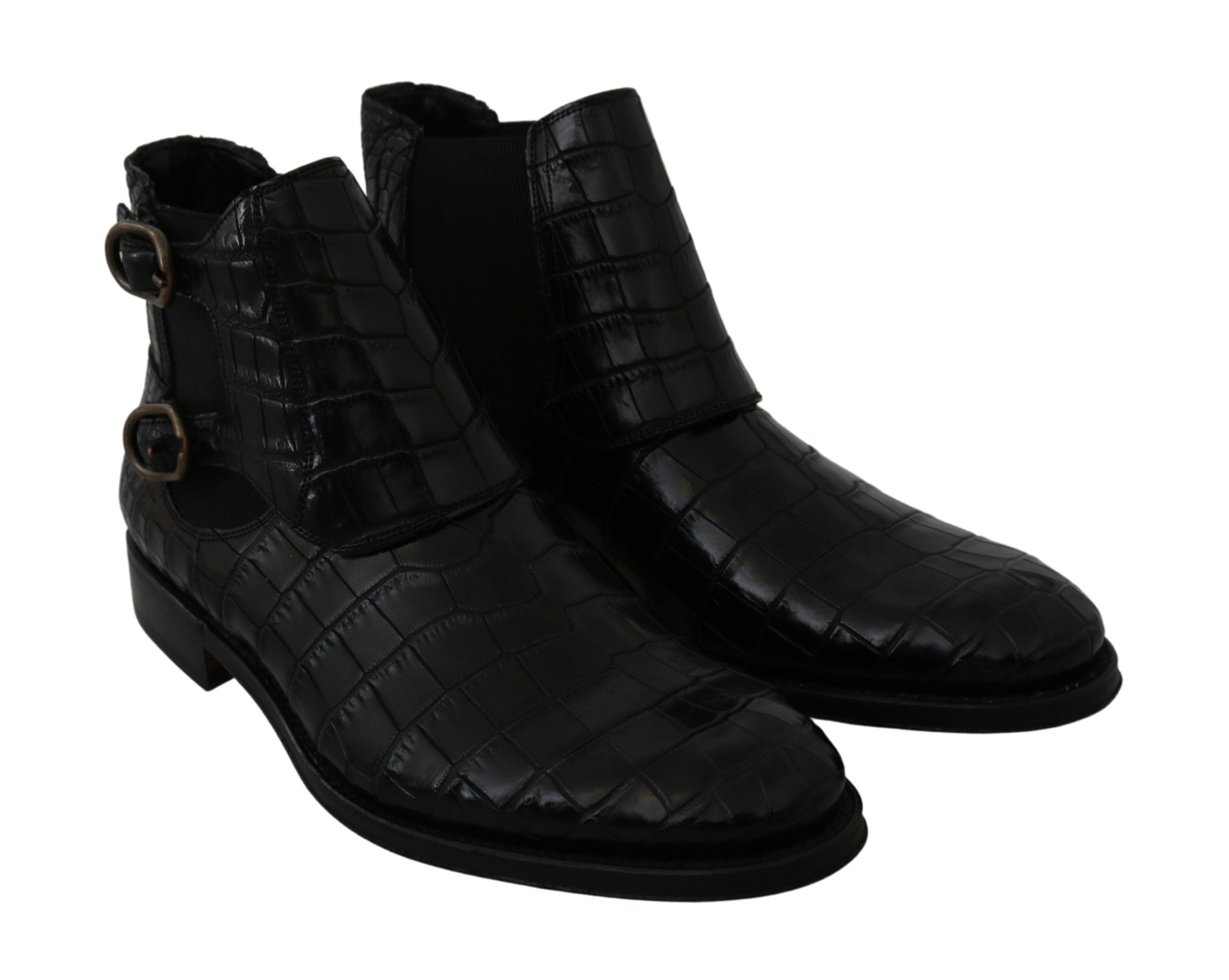 Black crocodile leather Derby boots by Dolce & Gabbana, featuring a sleek design and polished finish.