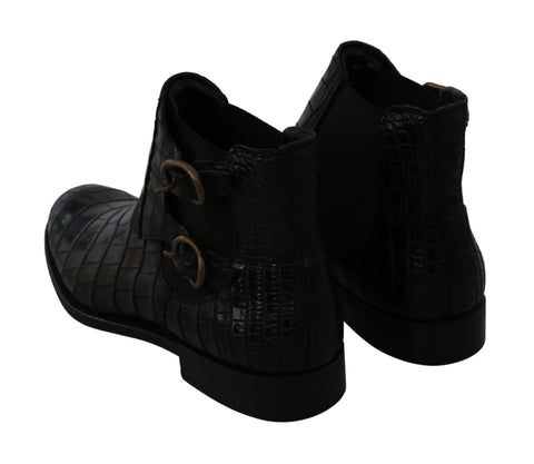 Black crocodile leather derby boots from Dolce & Gabbana, stylish men's footwear with textured leather finish.