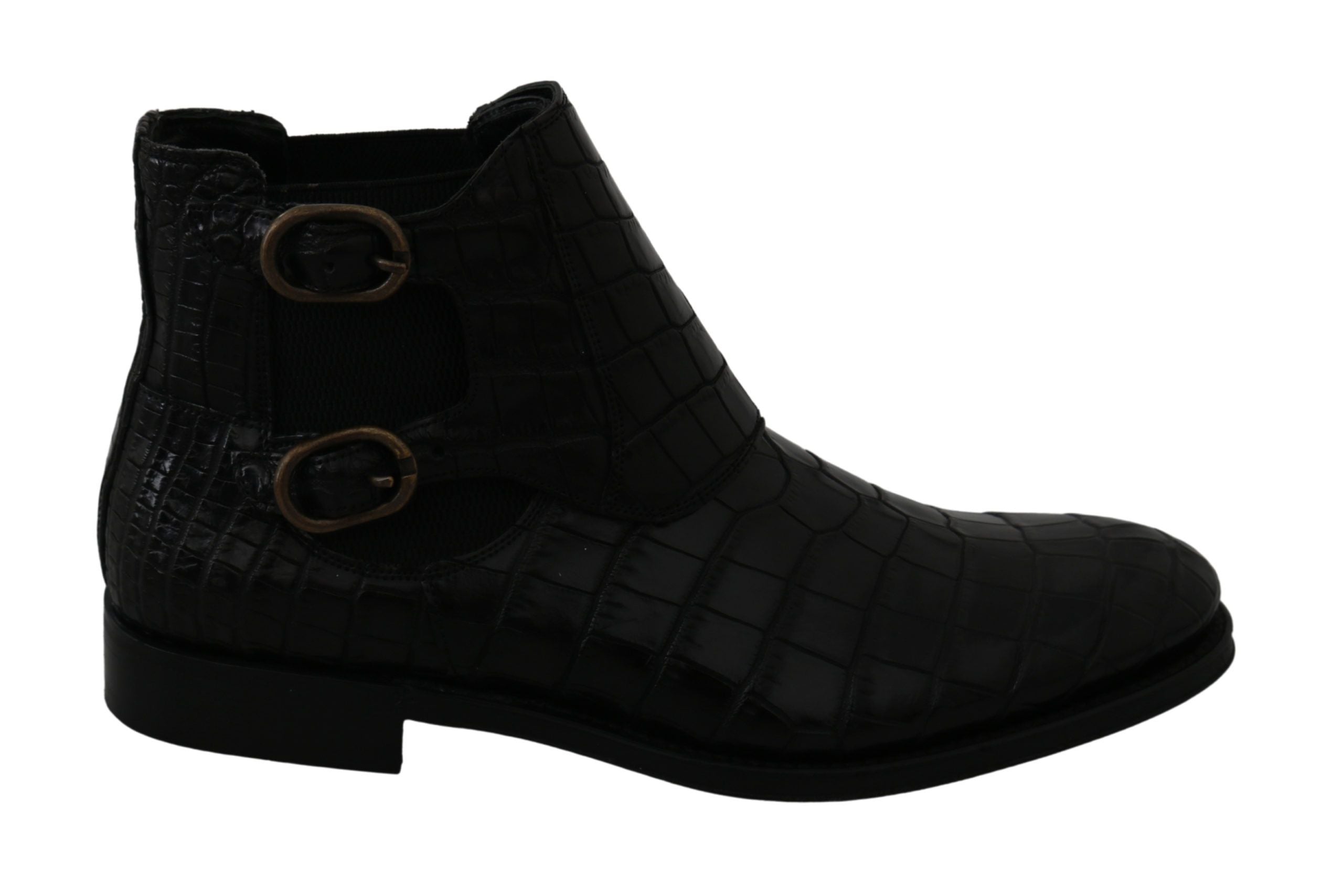 Black crocodile leather Derby boots by Dolce & Gabbana with sleek design and polished finish, showcased on a neutral background.