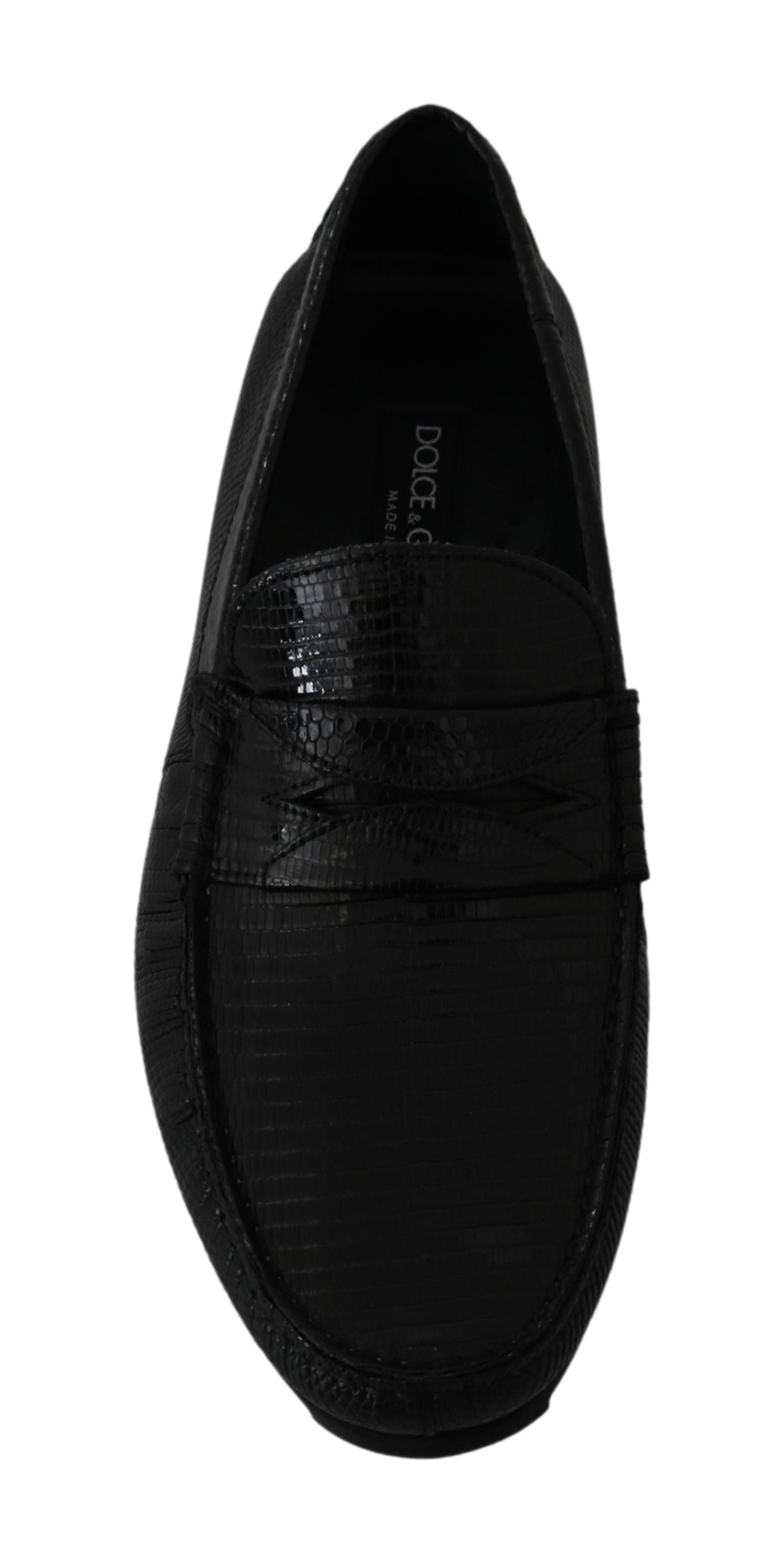 Black lizard leather flat loafers shoes by Dolce & Gabbana with sleek design and textured lizard pattern.