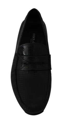 Black lizard leather flat loafers shoes by Dolce & Gabbana with sleek design and textured lizard pattern.
