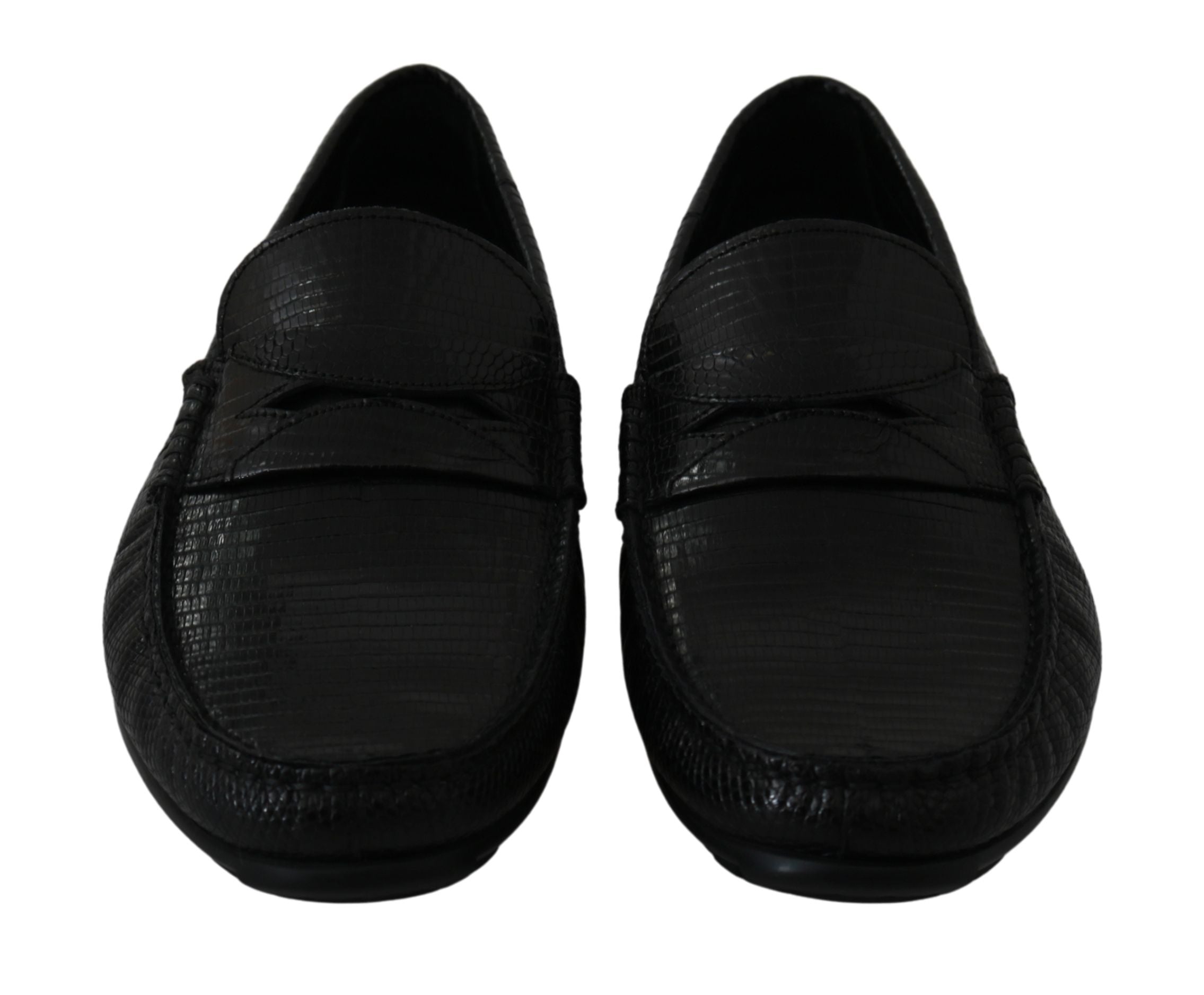 Black lizard leather flat loafers shoes by Dolce & Gabbana featuring sleek design and detailed texture.
