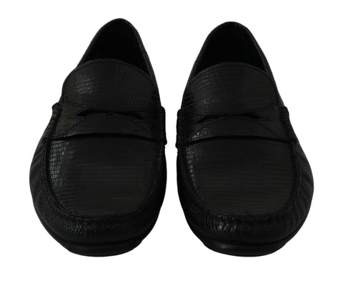 Black lizard leather flat loafers shoes by Dolce & Gabbana featuring sleek design and detailed texture.