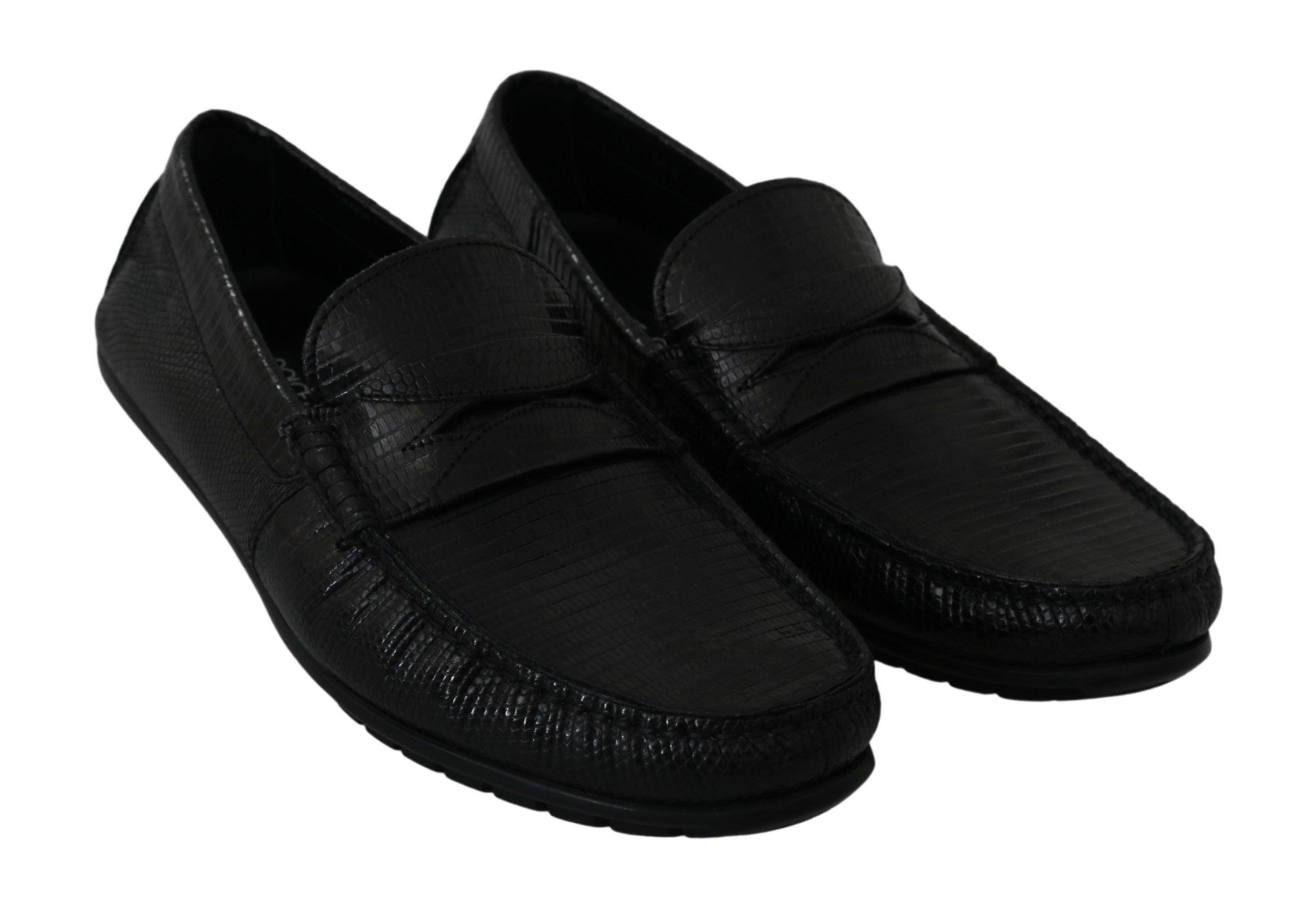 Black lizard leather flat loafers shoes by Dolce & Gabbana with sleek design and smooth finish.