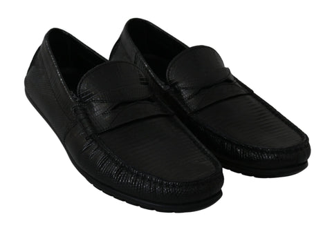 Black lizard leather flat loafers shoes by Dolce & Gabbana with sleek design and smooth finish.
