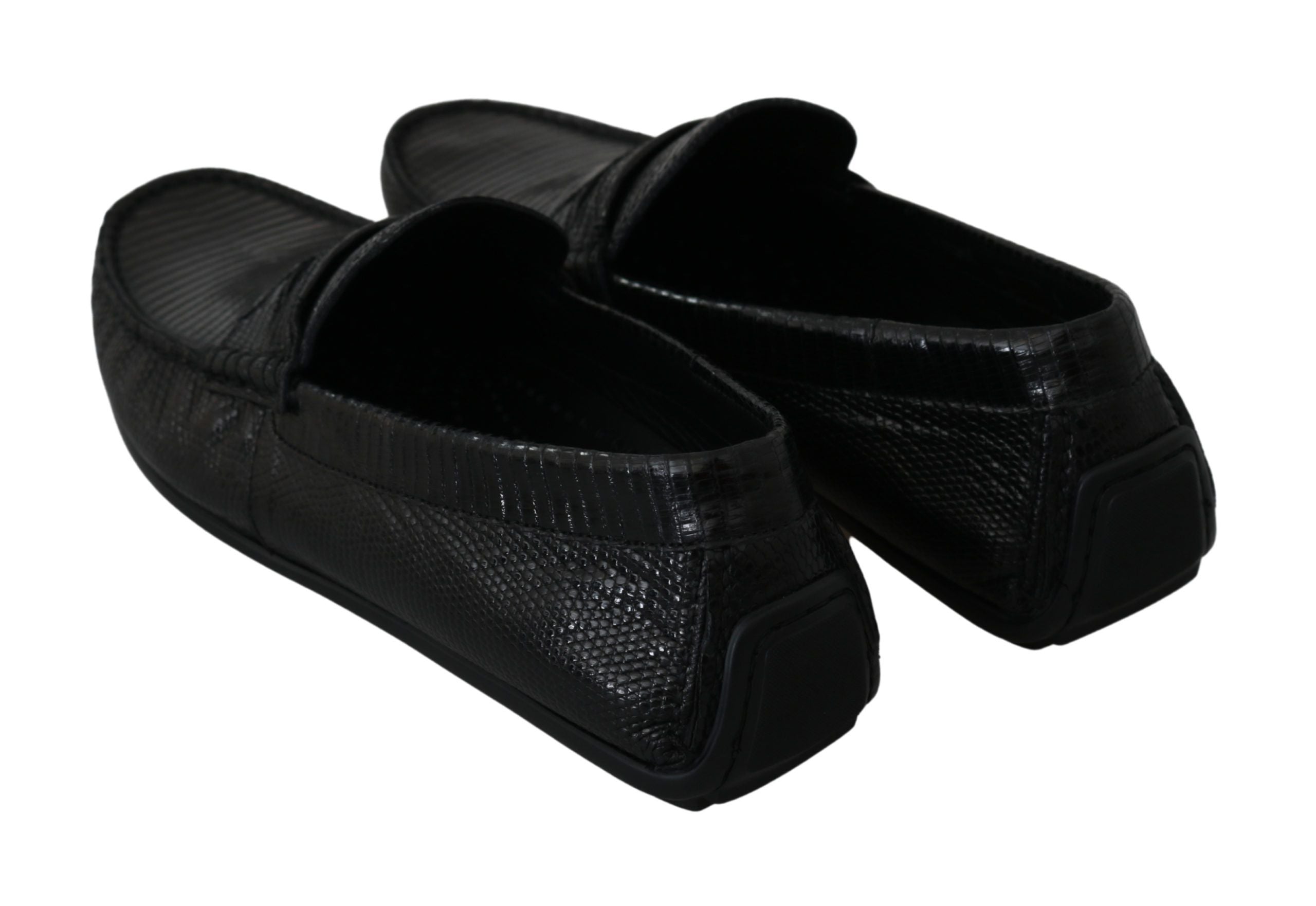 Black lizard leather flat loafers shoes by Dolce & Gabbana with sleek design and pointed toes, perfect for stylish everyday wear.