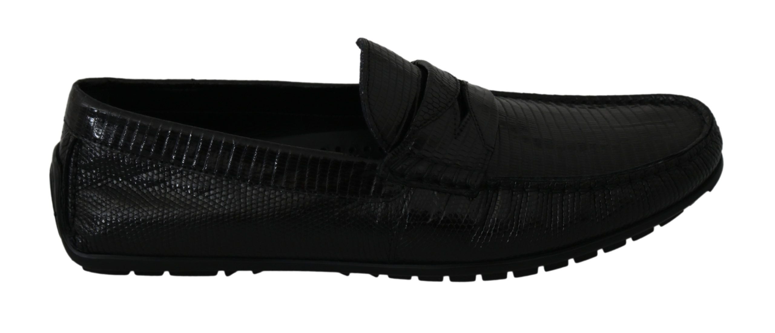 Black lizard leather flat loafers shoes by Dolce & Gabbana featuring sleek design and pointed toe.