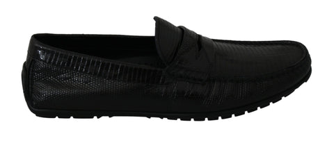 Black lizard leather flat loafers shoes by Dolce & Gabbana featuring sleek design and pointed toe.