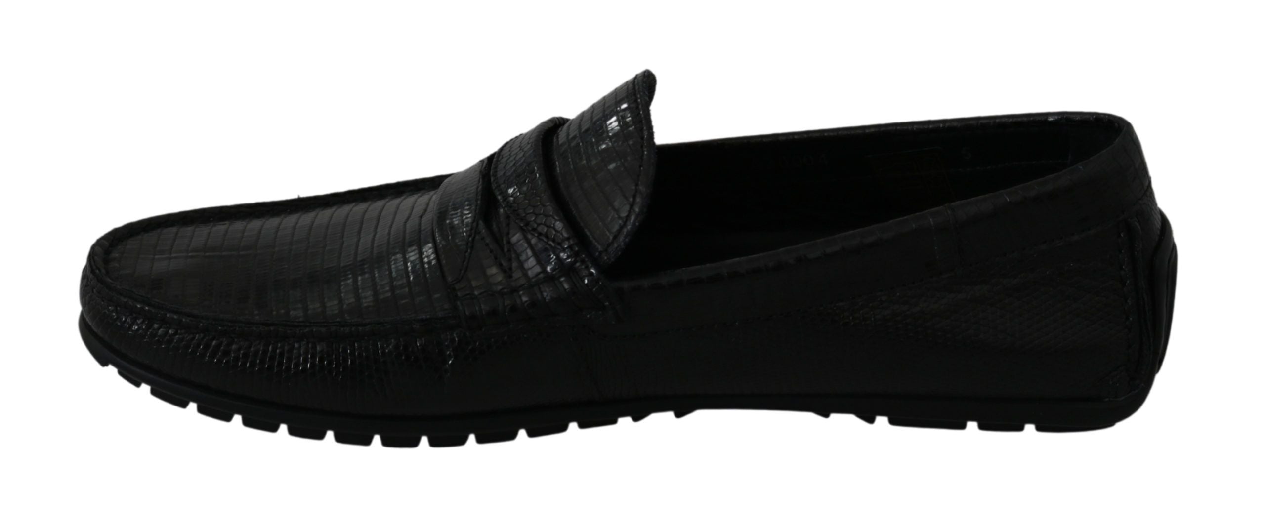Black lizard leather flat loafers shoes by Dolce & Gabbana featuring sleek design and classic slip-on style.