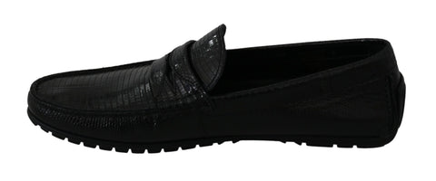 Black lizard leather flat loafers shoes by Dolce & Gabbana featuring sleek design and classic slip-on style.