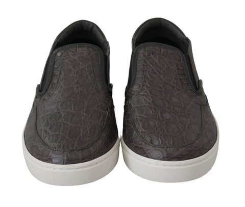 Gray leather Caiman men's loafers by Dolce & Gabbana, featuring sleek design and classic slip-on style.
